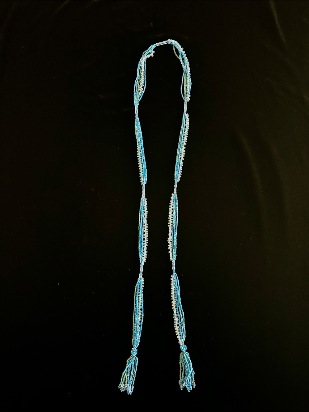Glass Beaded Long Tassel Necklace or Belt - Turquoise Blue